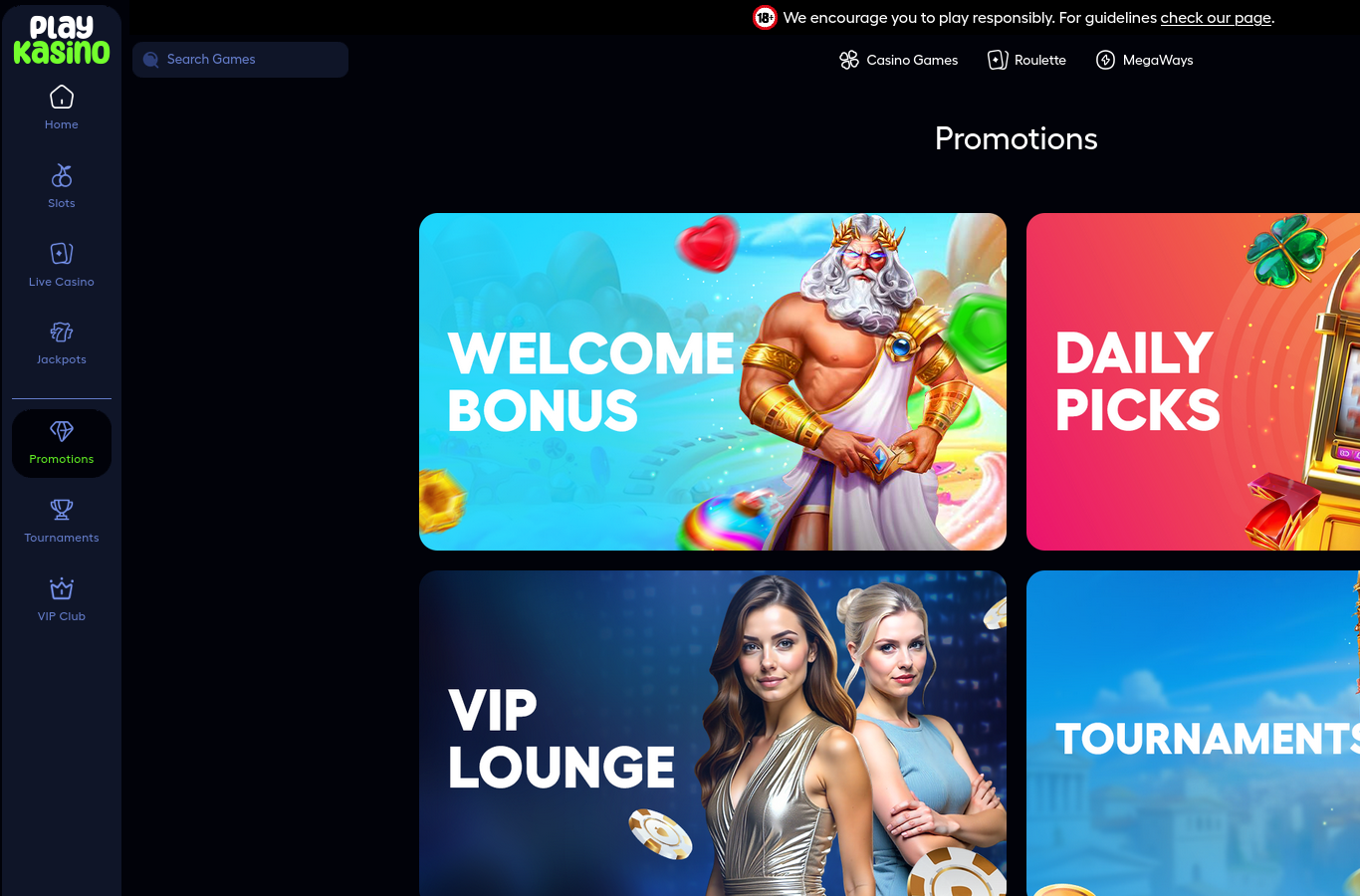 The PlayKasino promotions page at capture time, showing the Welcome Bonus, Daily Picks, VIP Lounge and Tournaments tiles named in the operator's own terms. Terms sit behind each tile's details link, and the on-site label is 'VIP Lounge' rather than 'VIP Club'.
