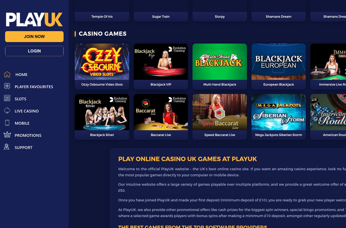 Inside the PlayUK casino games lobby at capture time: Evolution blackjack and baccarat tables, jackpot slots and the site's own welcome copy quoting a 10 pound minimum deposit.