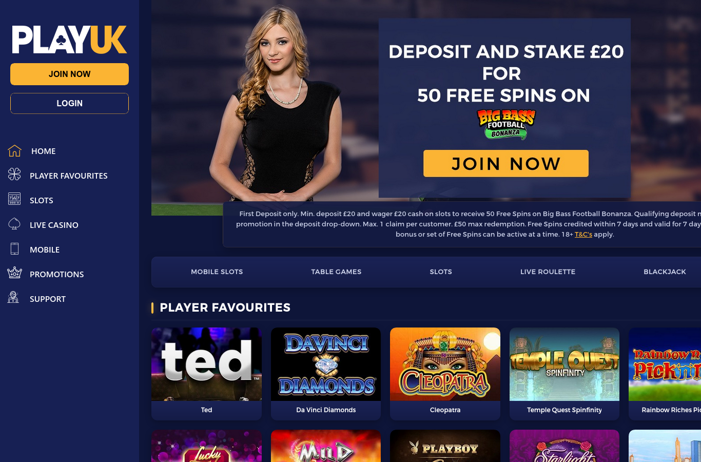 The PlayUK home page as we captured it in July 2026: the current offer (deposit and stake 20 pounds for 50 free spins on Big Bass Football Bonanza, 50 pounds max redemption) with its full terms printed under the banner, and the Player Favourites rows.