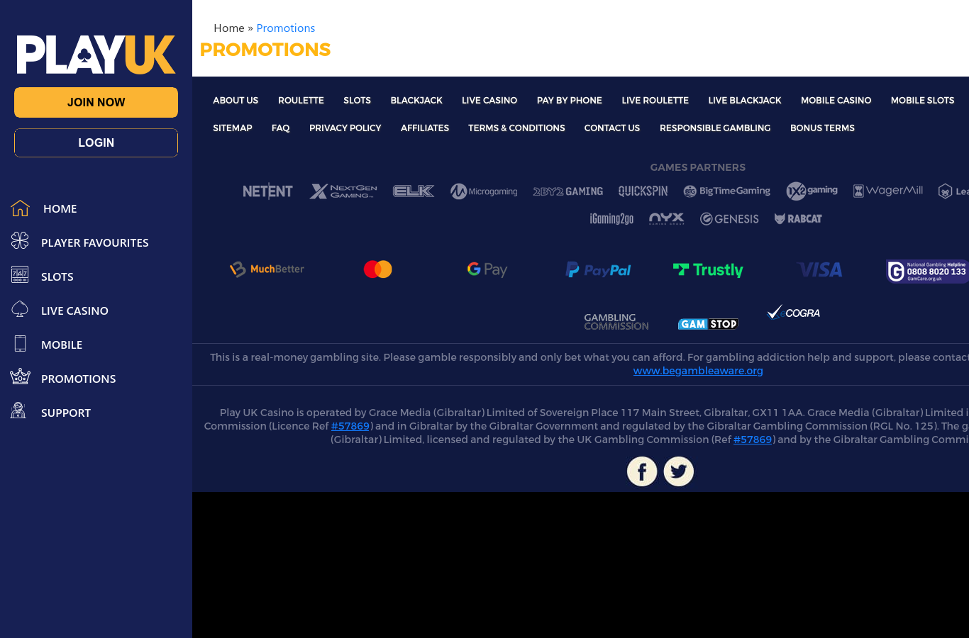 The PlayUK footer at capture time: games partners, payment marks including PayPal and Trustly, the National Gambling Helpline and GamStop marks, and the licence line naming Grace Media (Gibraltar) Limited with UK Gambling Commission licence ref 57869 and Gibraltar RGL No. 125.