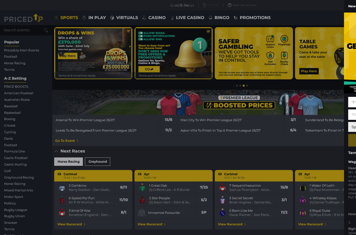 The PricedUp home view as first served to us in July 2026: a sports-led site (Premier League boosted prices, next races) with the GambleAware strip and National Gambling Helpline 0808 8020 133 pinned top, the Drops and Wins and safer-gambling banners in the carousel, and the new-customer offer panel on the right.