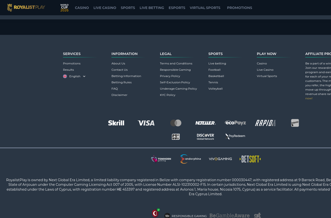The RoyalistPlay site footer: payment marks, age mark and the responsible-play line.