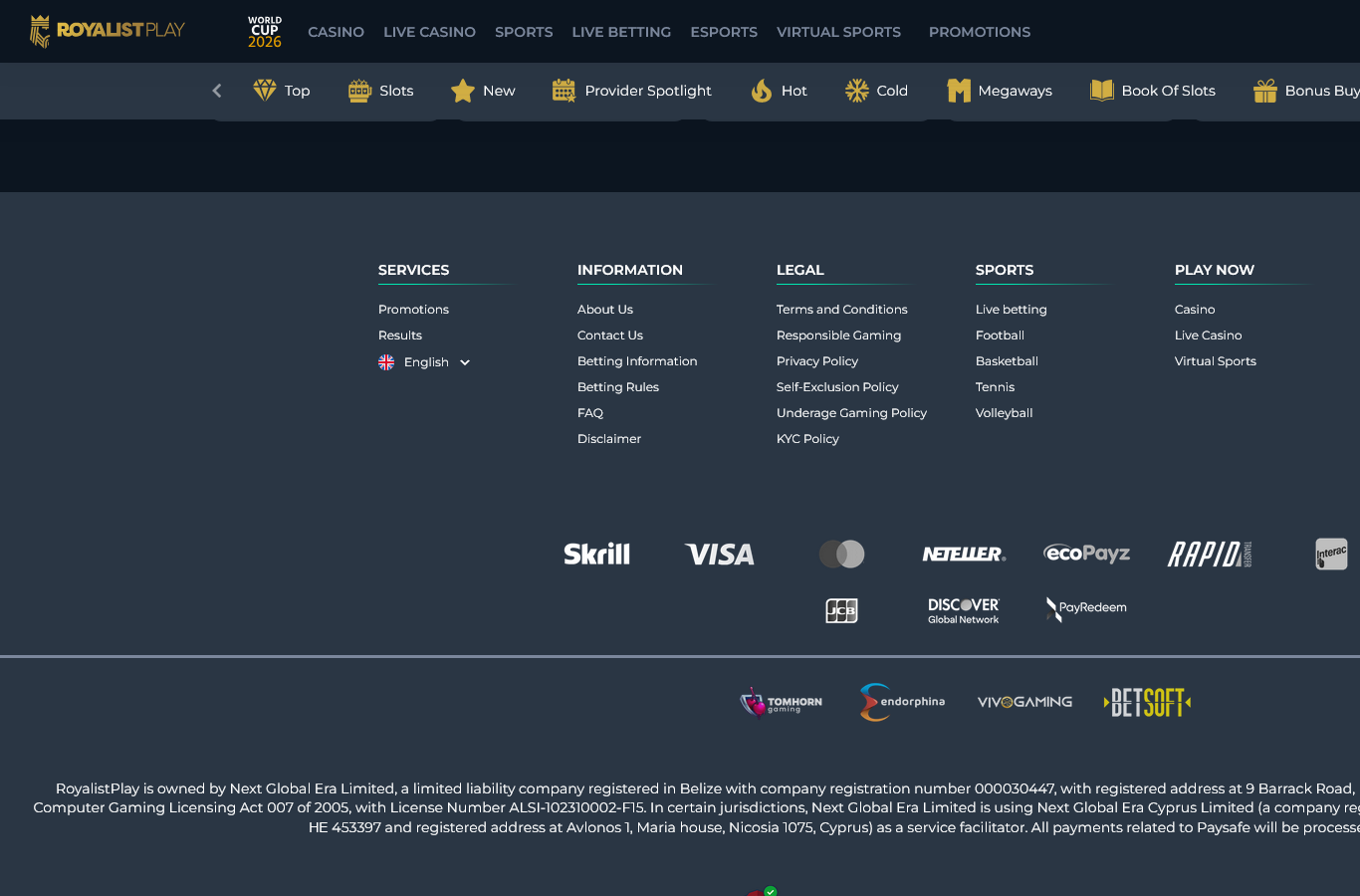 The RoyalistPlay site footer: payment marks, age mark and the responsible-play line.