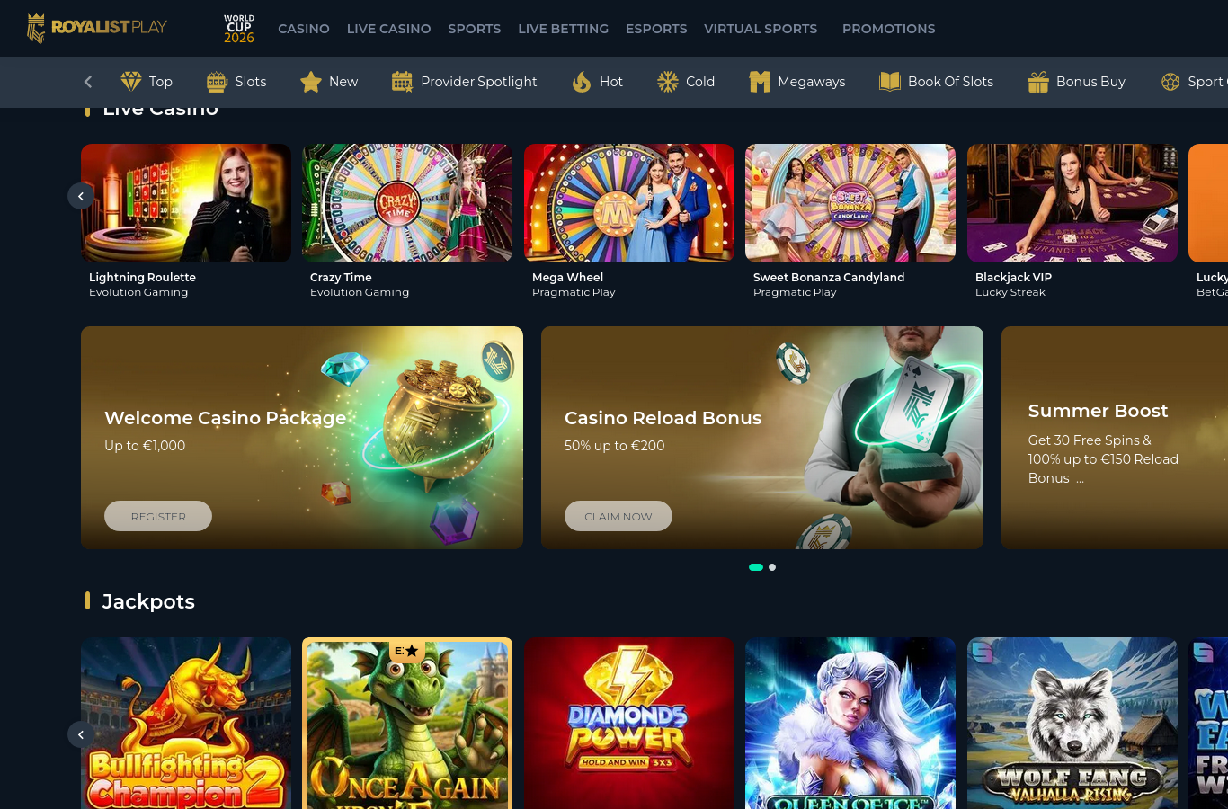 The RoyalistPlay games library at capture time: the rows and providers visible to a first-time visitor.