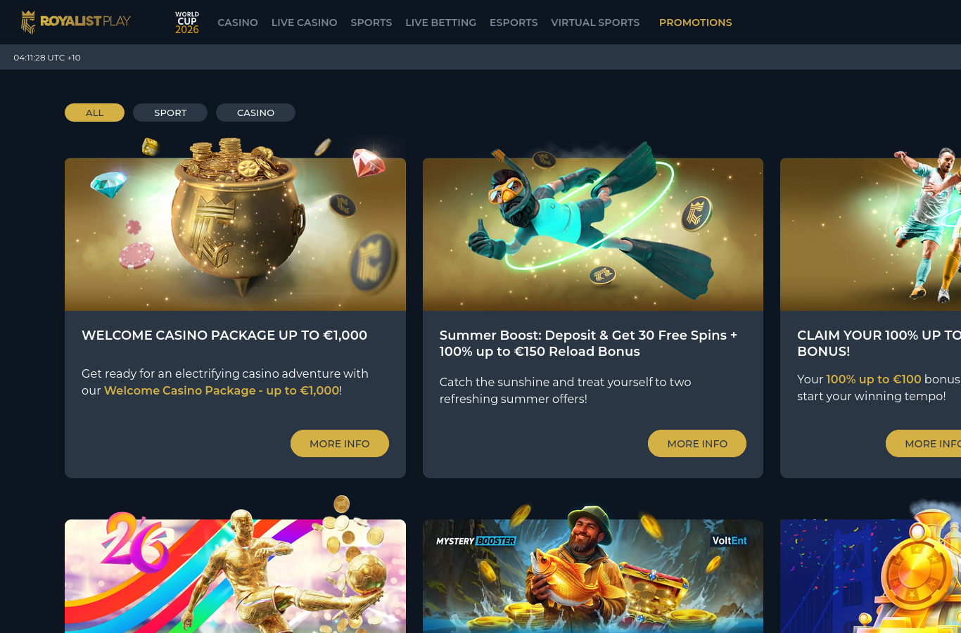 The RoyalistPlay promotions page at capture time. Terms sit behind each offer's details link.