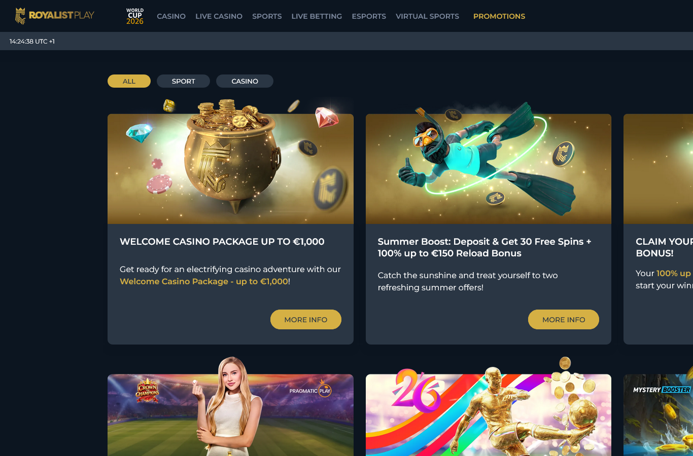 The RoyalistPlay promotions page at capture time. Terms sit behind each offer's details link.