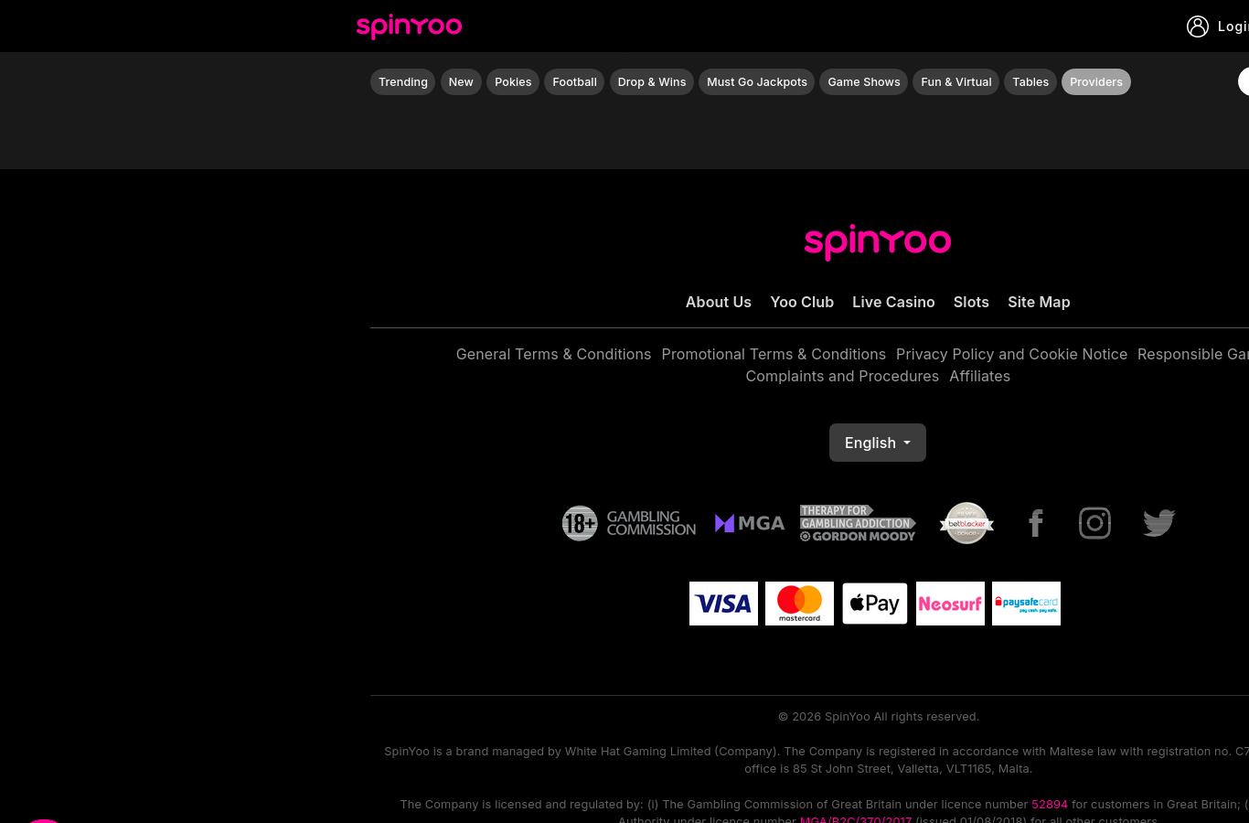 The SpinYoo site footer: the licence paragraph naming White Hat Gaming Limited and confirming UK Gambling Commission licence number 52894 and MGA/B2C/370/2017 issued 01/08/2018, alongside the Gambling Commission, MGA, Gordon Moody and betblocker marks and the Visa, Mastercard, Apple Pay, Neosurf and Paysafecard payment logos visible at capture.