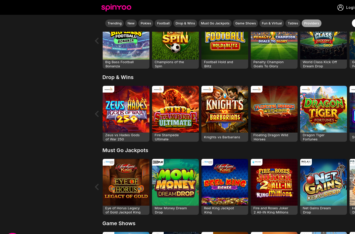 The SpinYoo games lobby at capture time: the Trending, New, Pokies, Football, Drop and Wins, Must Go Jackpots, Game Shows, Fun and Virtual, Tables and Providers filter rows, with named slot and jackpot tiles from Pragmatic Play, ELK Studios, Inspired Gaming, SG Digital, Blueprint and Microgaming visible, including a live Mega Moolah jackpot ticker shown in dollars at capture. This is a first-time visitor's view of the lobby, not a verified count of the 3,500-plus catalogue this review documents from the operator's own listings.