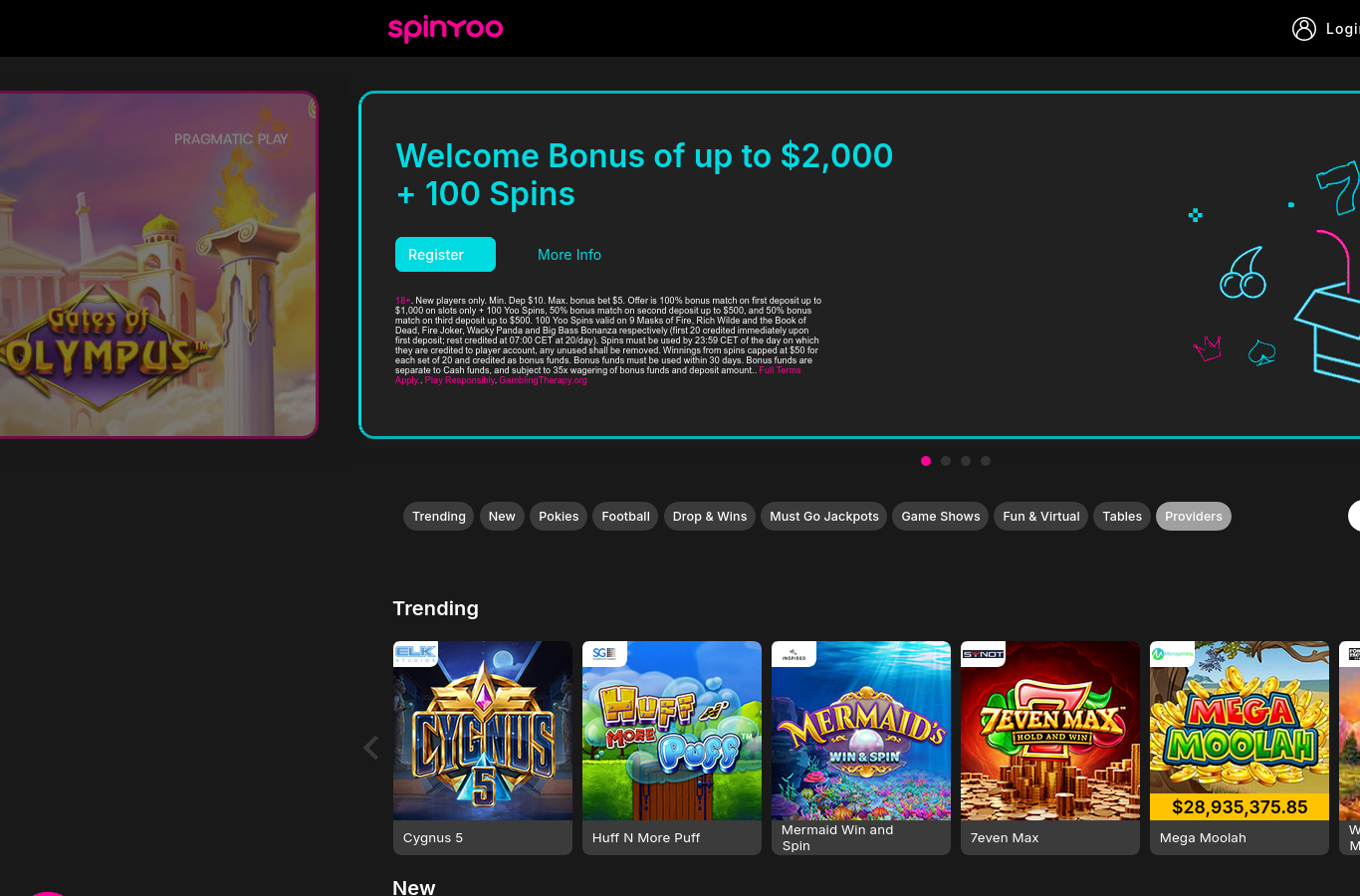The SpinYoo lobby as we captured it in July 2026. The welcome banner shown here is a dollar-denominated, three-deposit match structure (up to $2,000 plus 100 spins, 35x wagering, $10 minimum deposit), a geo-served international variant, not the offer a UK player sees. This review's terms, a single-deposit 20 minimum spins offer at 10x wagering, are the ones read from SpinYoo's own GB-facing welcome page on 19 June 2026.