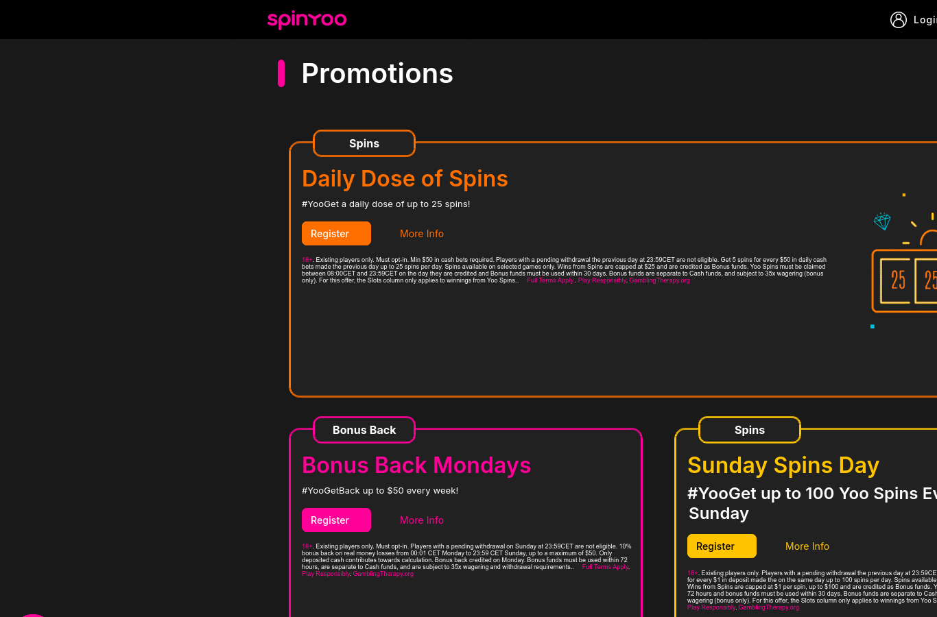 The SpinYoo promotions page at capture time: Daily Dose of Spins, Bonus Back Mondays and a Sunday Spins Day card. Each carries dollar-denominated figures and a 35x wagering line in this capture, the same non-GB variant seen on the home page banner, rather than the 10x wagering this review documents from the operator's GB-facing terms. Full terms sit behind each offer's details link.