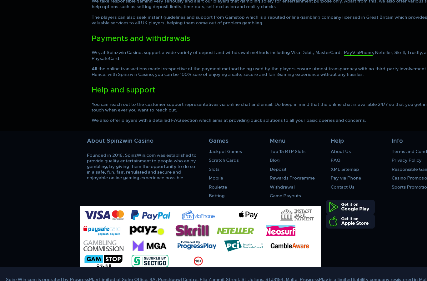 The Spinzwin footer, July 2026: Gambling Commission, MGA, ProgressPlay, PCI, GambleAware, GAMSTOP and 18+ marks, the payment rail row (Visa, Mastercard, PayPal, Pay via Phone, Apple Pay, paysafecard, Skrill, Neteller, Neosurf) and the operator line naming ProgressPlay Limited of St Julians, Malta. A Top 15 RTP Slots page is linked in the menu.