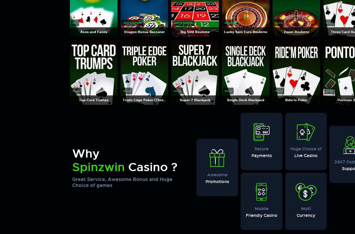 Spinzwin table-games shelf at capture time: roulette variants (European, 20p, World Cup, 100/1), blackjack and poker rows from Games Global, Light and Wonder, NYX, Groove and Genii, above the Why Spinzwin panel.