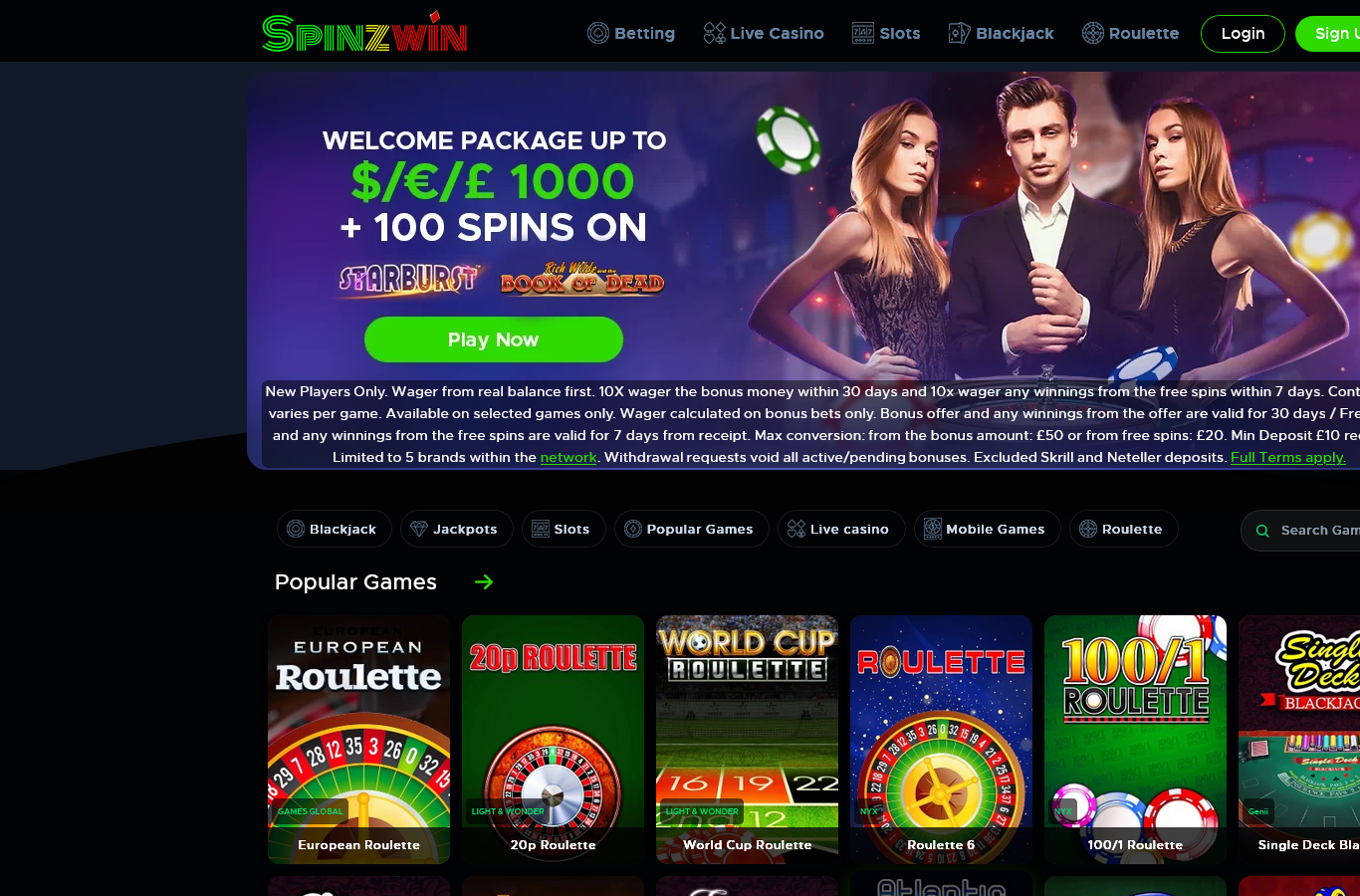 The Spinzwin UK homepage at capture, July 2026: the welcome package banner (up to 1,000 pounds plus 100 spins on Starburst and Book of Dead) with its terms printed directly beneath, including 10x wagering on bonus money within 30 days, 10x on spin winnings within 7 days, a 50 pound conversion cap from the bonus and 20 pounds from spins, 10 pound minimum deposit, and excluded Skrill and Neteller deposits. Those caps are the story, and we work them through below.