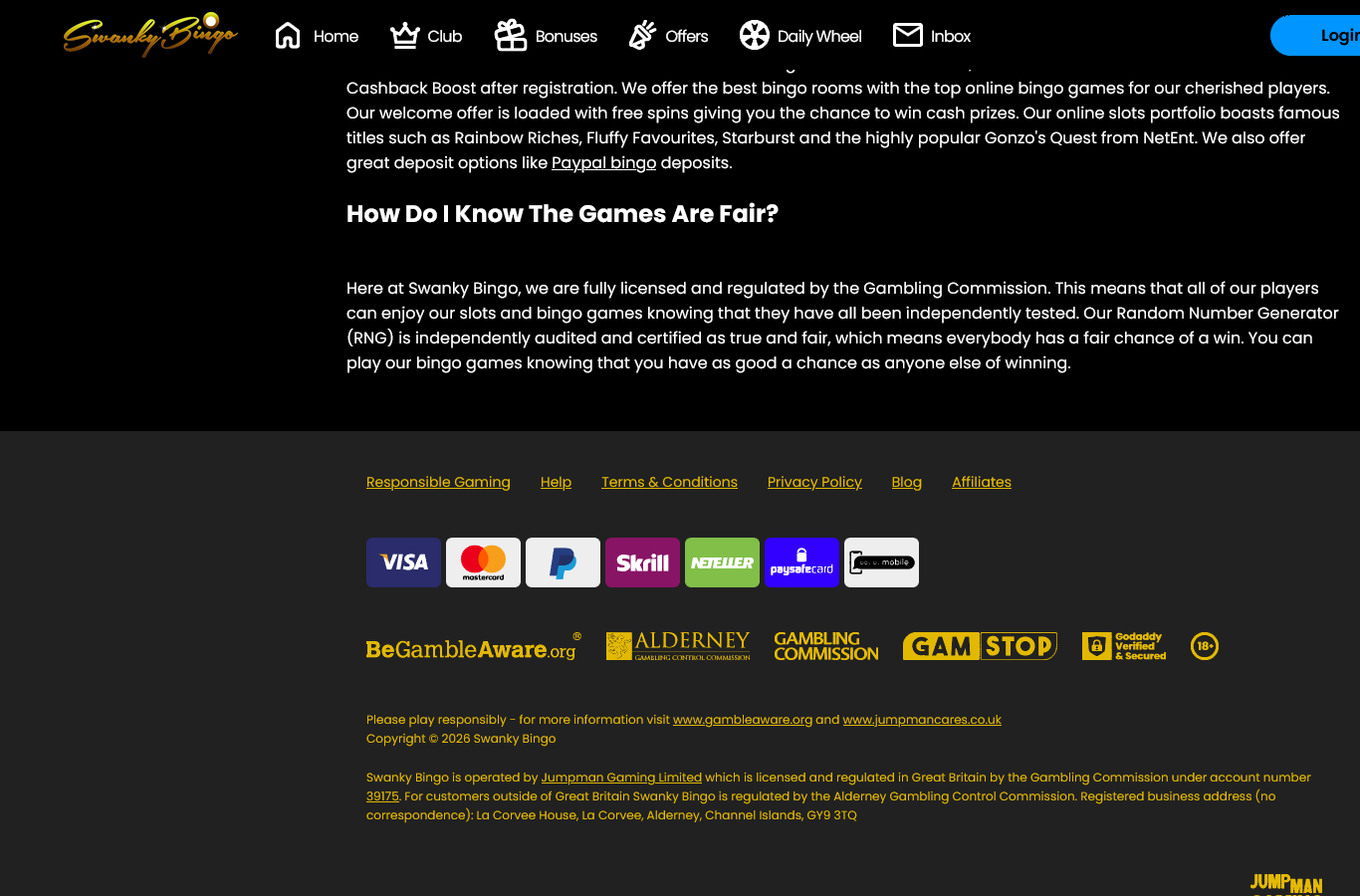 The Swanky Bingo footer, July 2026: BeGambleAware, Alderney Gambling Control Commission, Gambling Commission, GAMSTOP and 18+ marks, payment rails, and the operator line: Jumpman Gaming Limited, Gambling Commission account 39175, registered at La Corvee House, Alderney.