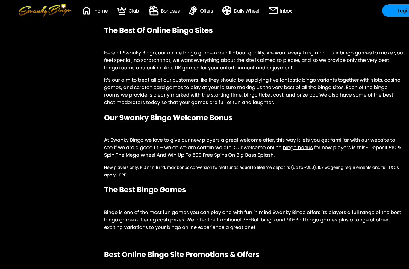 The Swanky Bingo homepage copy at capture: five bingo variants including 75-ball and 90-ball, room listings with ticket cost and prize pot, and the welcome mechanic stated plainly, deposit 10 pounds and spin the Mega Wheel to win up to 500 free spins on Big Bass Splash.