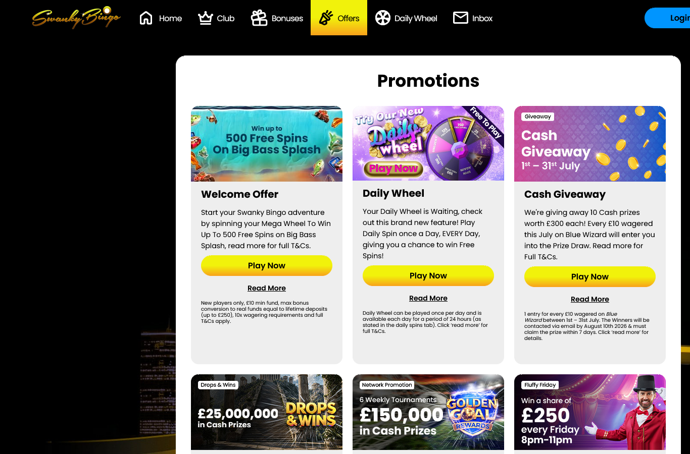 The Swanky Bingo offers page, July 2026: the Mega Wheel welcome, the free-to-play Daily Wheel, a July cash giveaway (10 prizes of 300 pounds via Blue Wizard wagering), Drops and Wins at 25,000,000 pounds, 6 weekly network tournaments at 150,000 pounds, and Fluffy Friday.