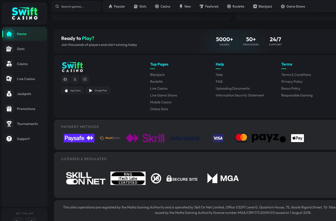 The Swift Casino site footer at capture time: licence and operator line, payment marks and responsible-play links.