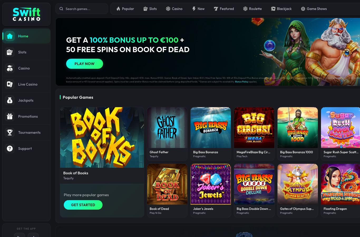 The Swift Casino home page as we captured it in July 2026. Our capture region was served the international variant (100% up to 100 euros plus 50 spins); its own small print carries the same structure the UK terms use, 30x wagering on deposit plus bonus and 60x on free-spin winnings at 0.1 per spin. The UK offer this review documents is 100% up to 25 pounds plus 100 spins.