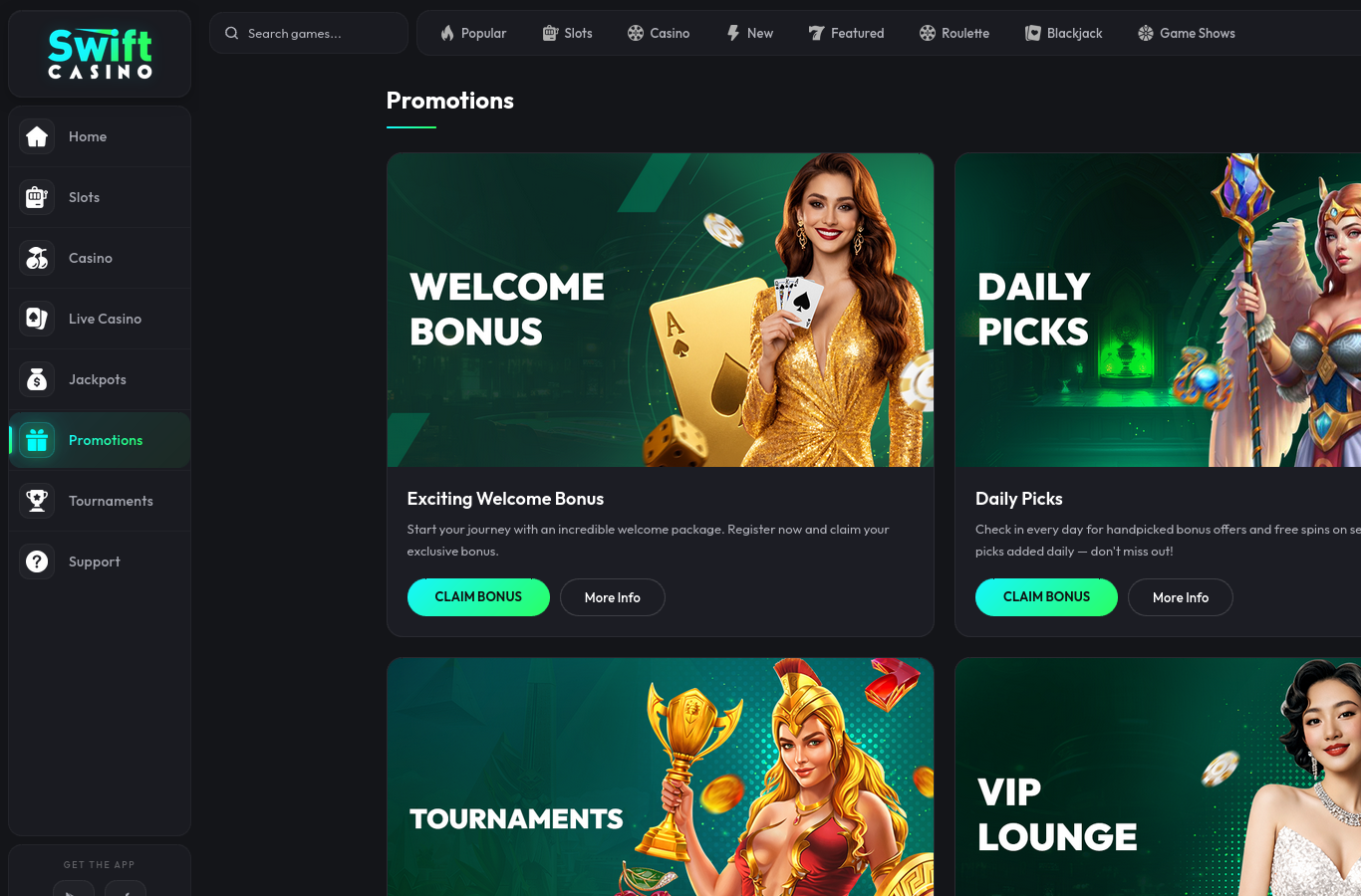 The Swift Casino promotions page at capture time: the welcome bonus, Daily Picks, Tournaments and the six-tier VIP Lounge, each behind a More Info terms link.