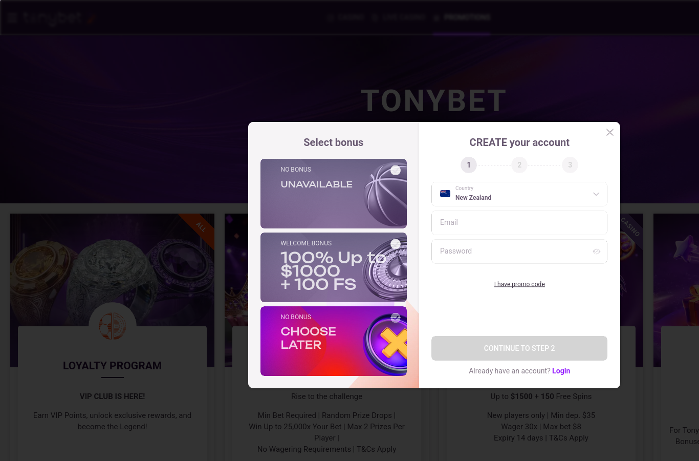 The TonyBet promotions page at capture time. Terms sit behind each offer's details link.
