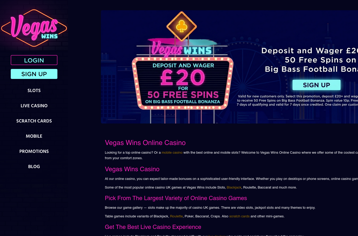 The VegasWins games library at capture time: the rows and providers visible to a first-time visitor.