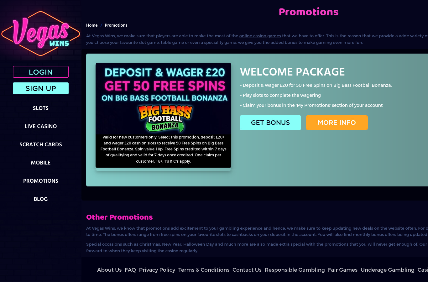 The VegasWins promotions page at capture time. Terms sit behind each offer's details link.