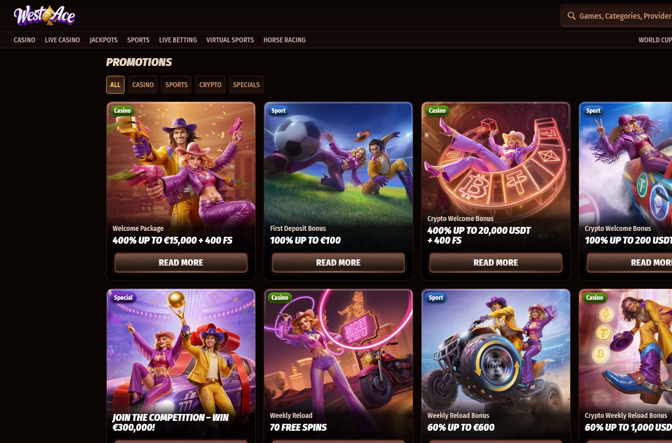 The WestAce promotions page at capture time. Terms sit behind each offer's details link.