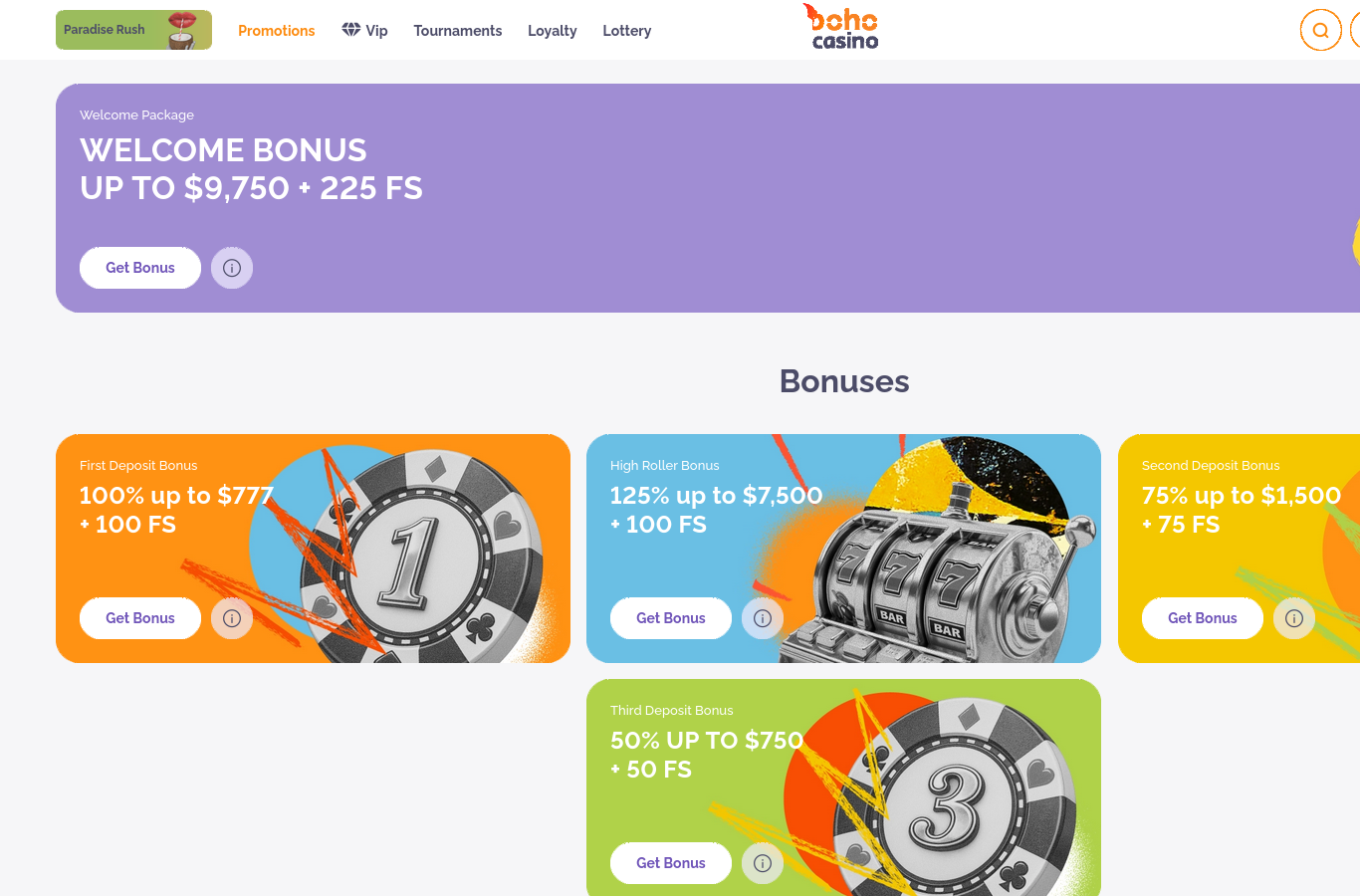 The Boho promotions page at capture time: the multi-deposit welcome package (up to $9,750 + 225 FS on this banner) broken into its first, second and third deposit steps. Terms sit behind each offer's info link.